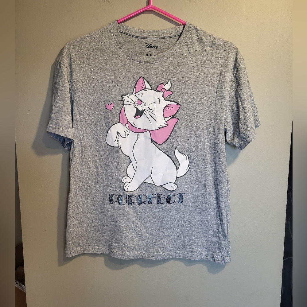 Disney Gray Cat Tee with Pink Accents, Size Small